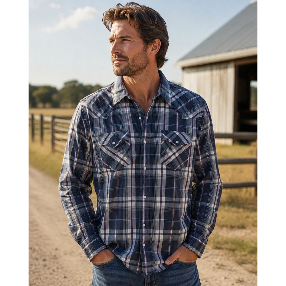 AMERICAN EAGLE Men's Large Gray Plaid Western Pearl Snap Long Sleeve Shirt -2321
